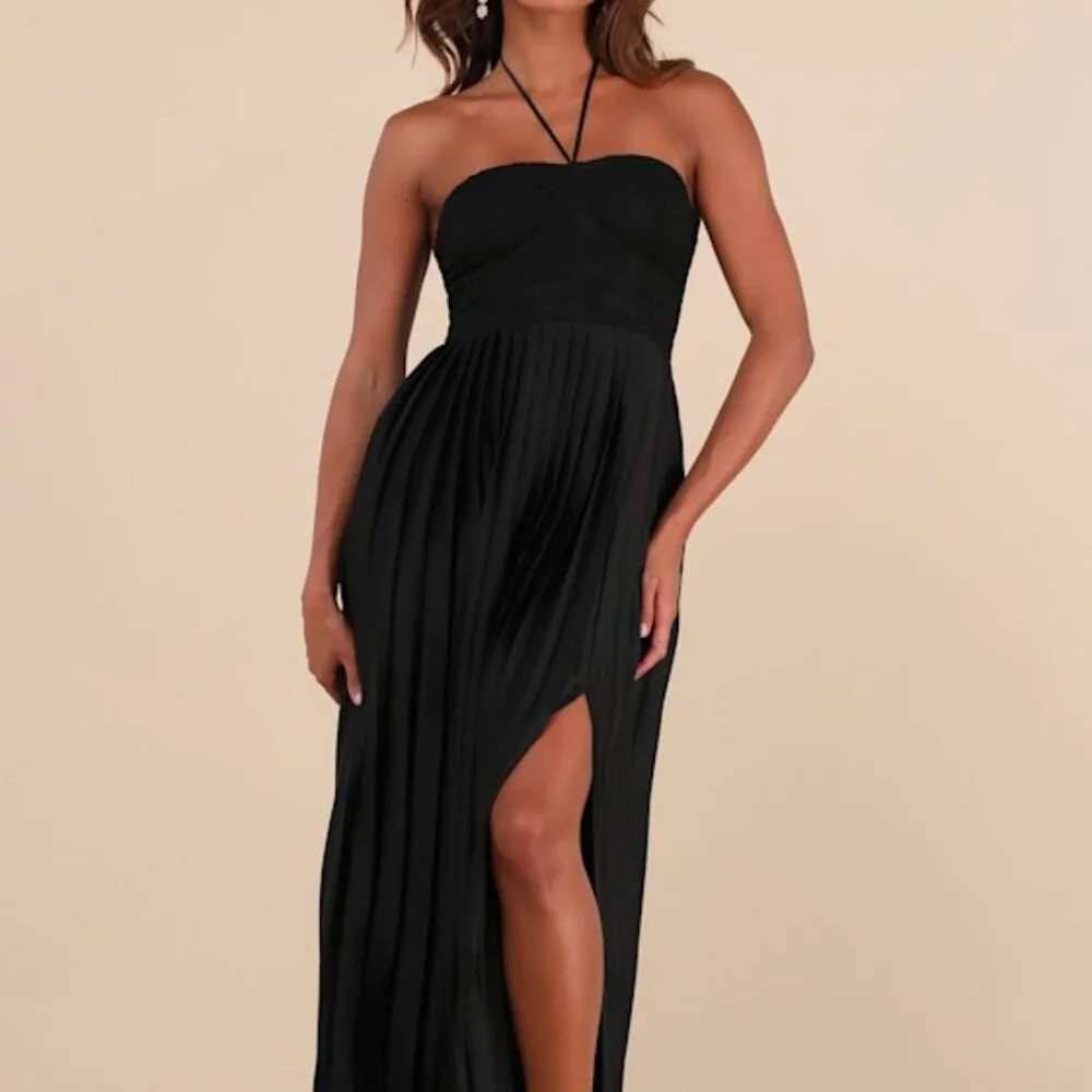 Lulus Certainly Poised Black Lace Halter Bustier Maxi Dress - Size M - Picture 1 of 1